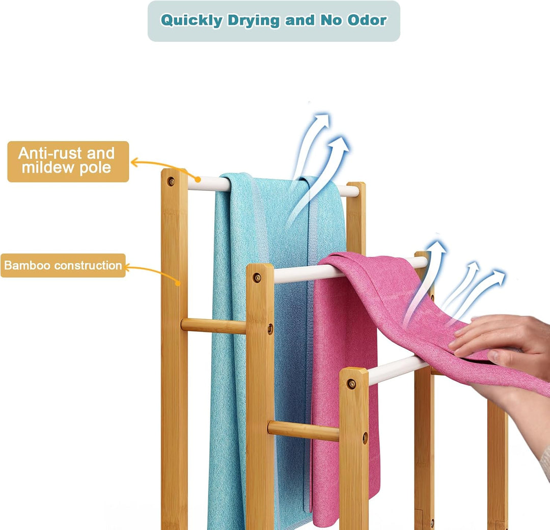 Dripex Freistehender Handtuchhalter Bambus Höhe 86 cm Handtuchständer Badetuchhalter mit 3 Edelstahl