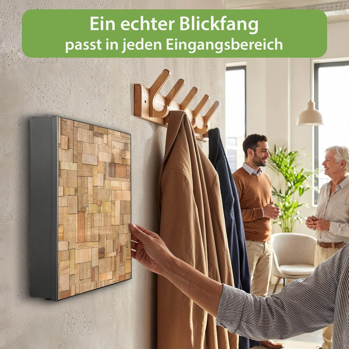 banjado® Grosser Schlüsselkasten Glas/Schlüsselbox 30cm x 30cm mit 50 Haken - Motiv Hölzernes Flickw
