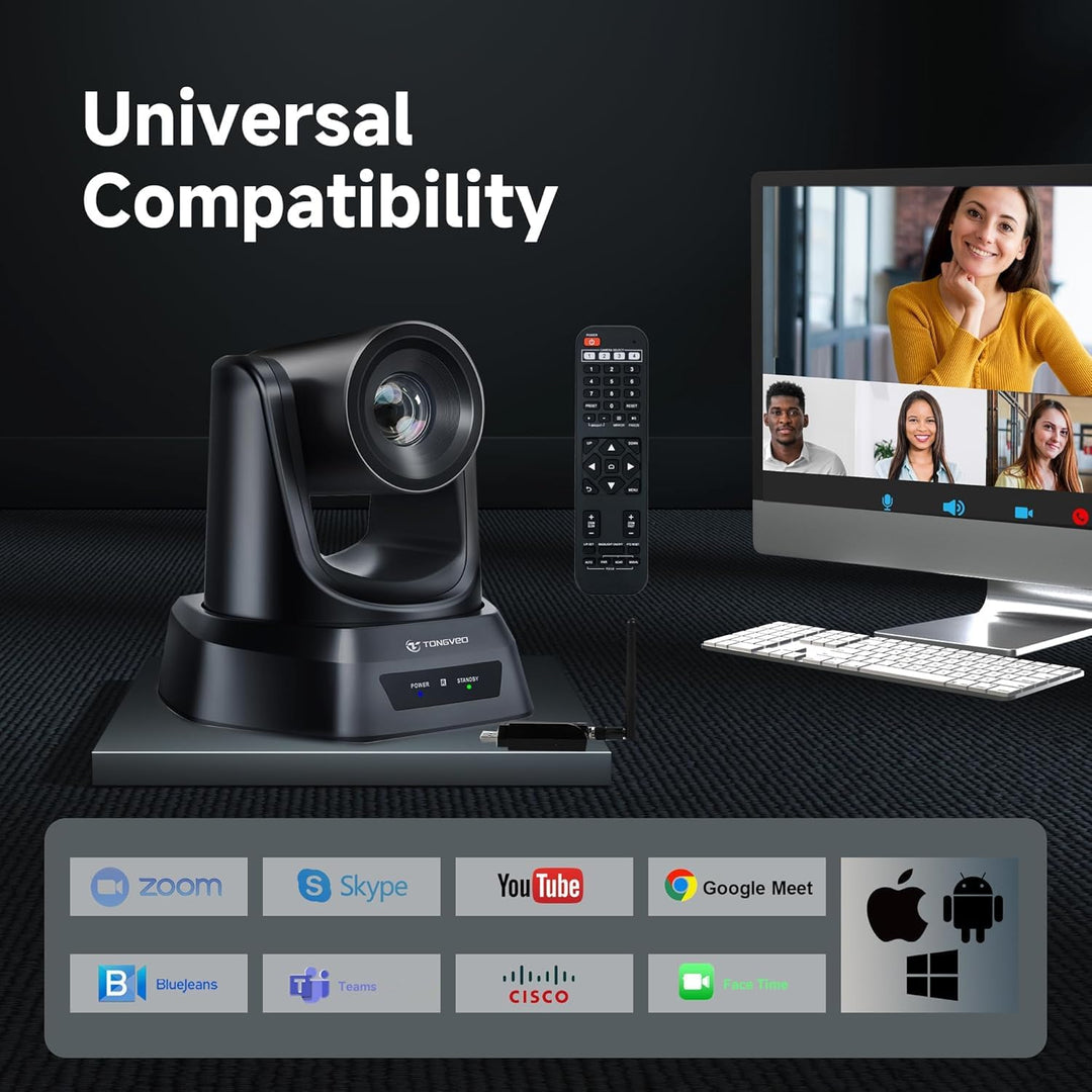 TONGVEO 5.8GHz Wireless Conference Room Webcam, Church Live Streaming 3X USB 1080P 60fps PTZ Camera
