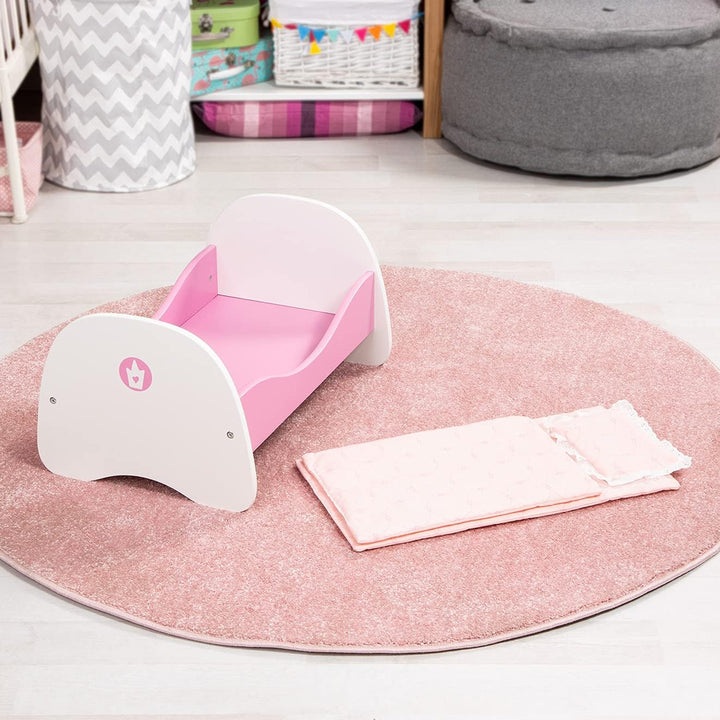 Bayer Design 54201AA Puppenbett aus Holz, mit Bettwäsche, Kissen und Bettdecke, rosa, Klein, 50 x 33
