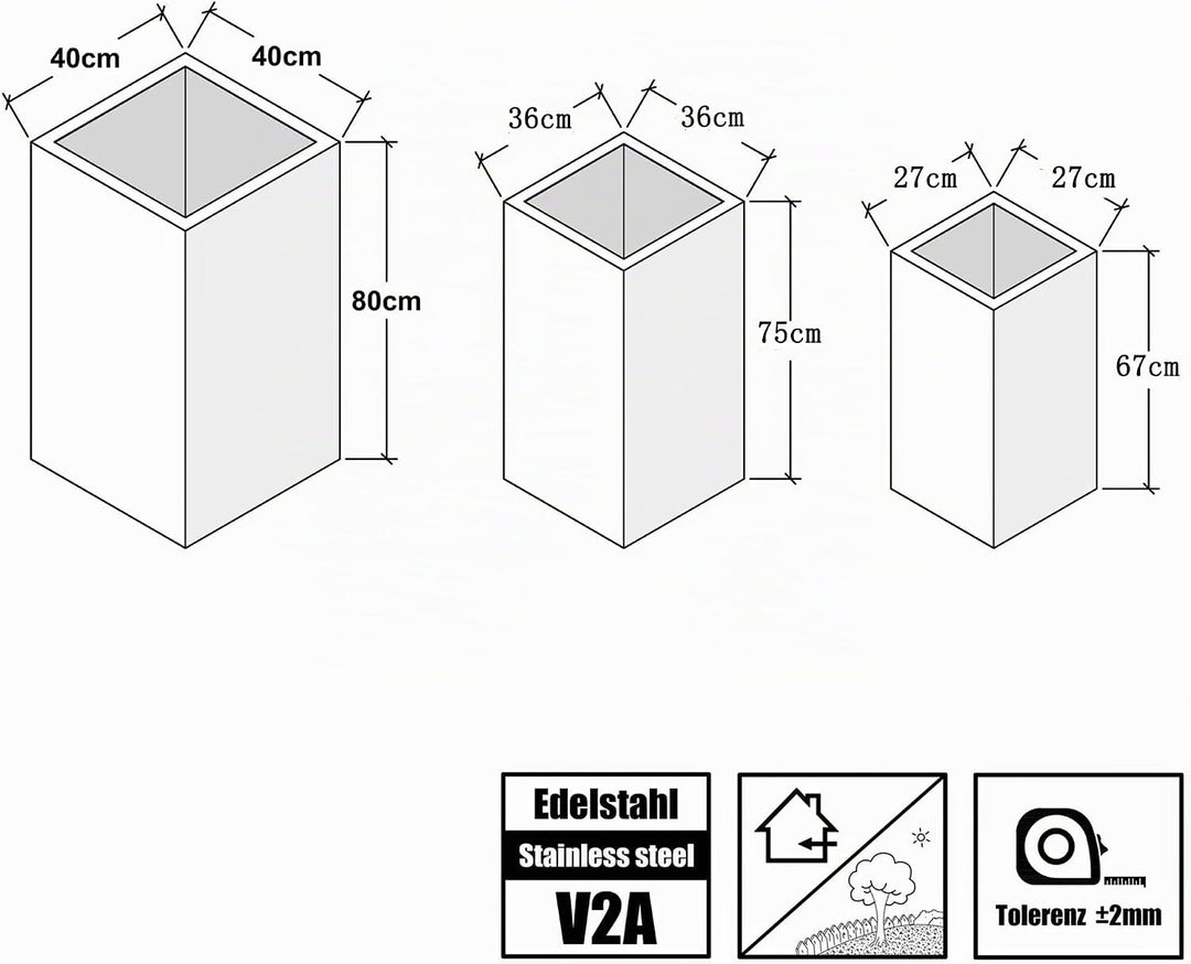 Köhko® Designer-Pflanzkübel aus Edelstahl Viva 27 x 27 x 67 cm | matt gebürsteter Blumengefäss eckig