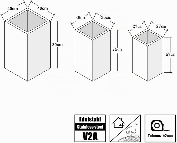 Köhko® Designer-Pflanzkübel aus Edelstahl Viva 27 x 27 x 67 cm | matt gebürsteter Blumengefäss eckig