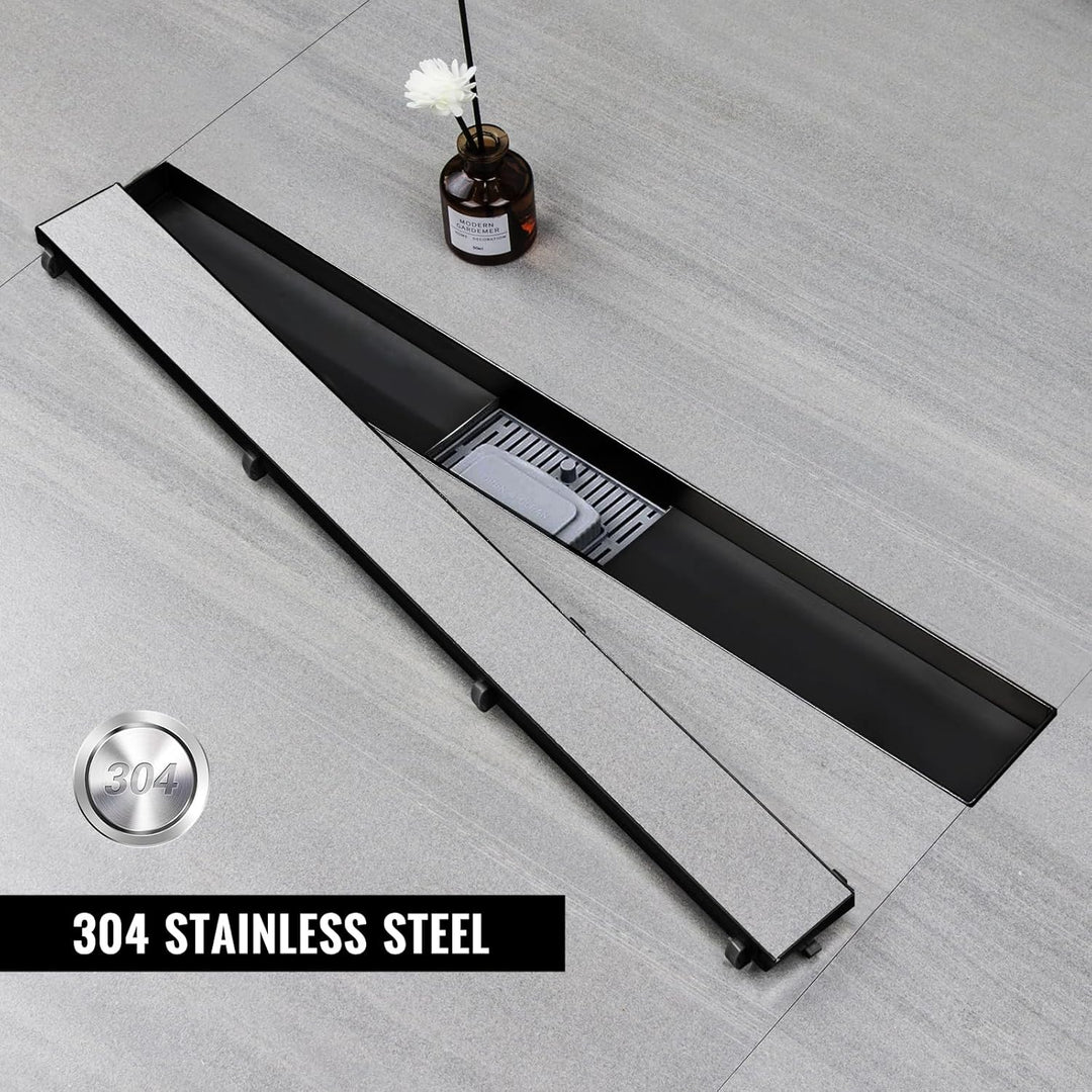 Duschrinne 50 cm, Schwarz Befliesbar Duschrinne extra flach, Edelstahl Bodenablauf Komplettset mit S