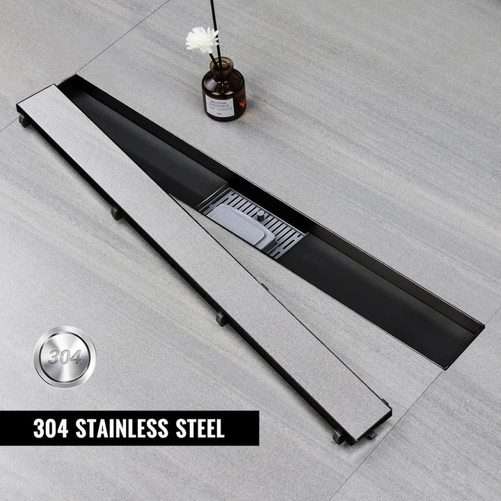 Duschrinne 50 cm, Schwarz Befliesbar Duschrinne extra flach, Edelstahl Bodenablauf Komplettset mit S