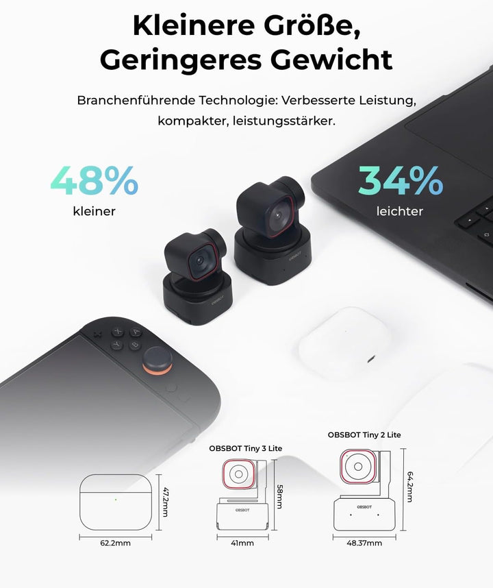 OBSBOT Tiny 3 Lite AI-Powered Spatial Audio 4K Webcam – Kompakte AI-Tracking-PTZ-Kamera mit 1/2"-Sen