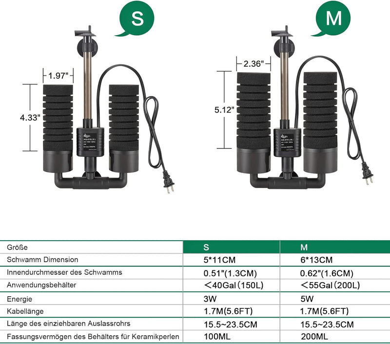 AQQA Aquarium Schwammfilter,3/5W Elektrischer Aquarium Filter,Leiser Tauchschaum Doppelschwammfilter