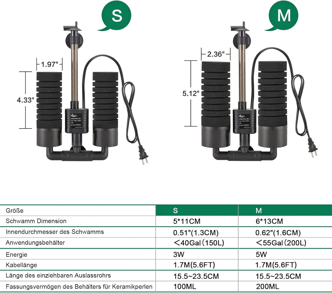 AQQA Aquarium Schwammfilter,3/5W Elektrischer Aquarium Filter,Leiser Tauchschaum Doppelschwammfilter