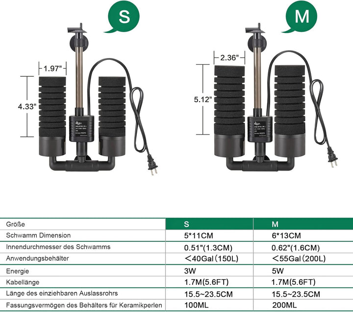AQQA Aquarium Schwammfilter,3/5W Elektrischer Aquarium Filter,Leiser Tauchschaum Doppelschwammfilter