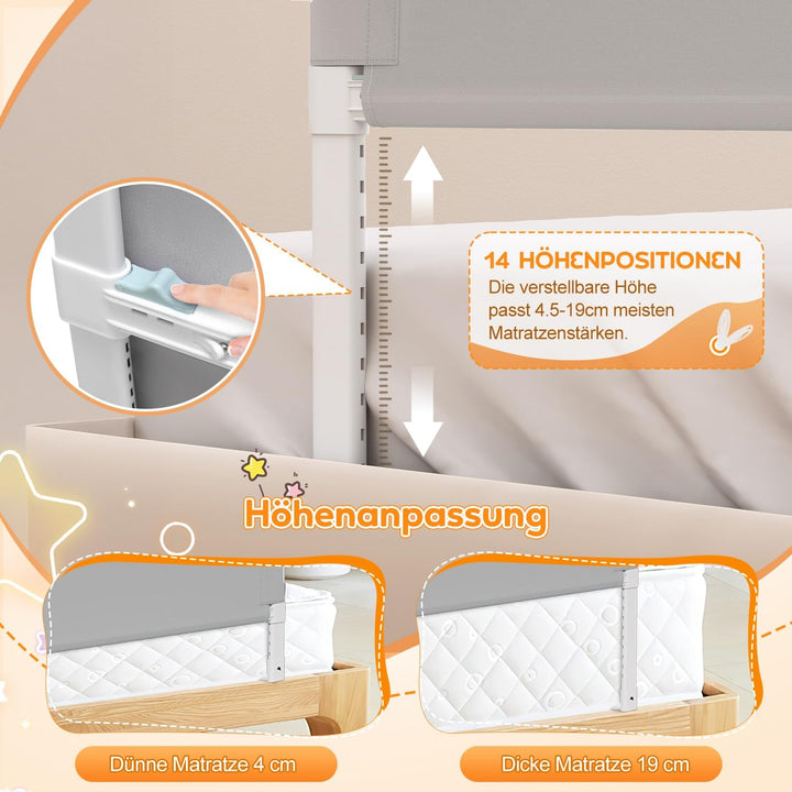 Bettgitter Rausfallschutz Bett, Rausfallschutz Boxspringbett 150cm, höhenverstellbar 72-86 cm, zusam