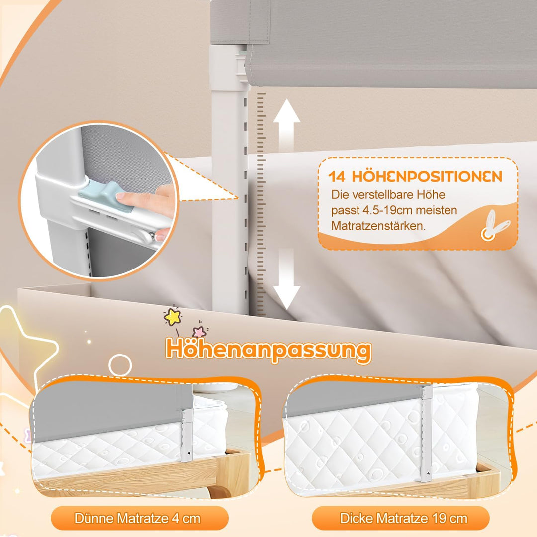 Bettgitter Rausfallschutz Bett, Rausfallschutz Boxspringbett 180cm, höhenverstellbar 72-86 cm, zusam
