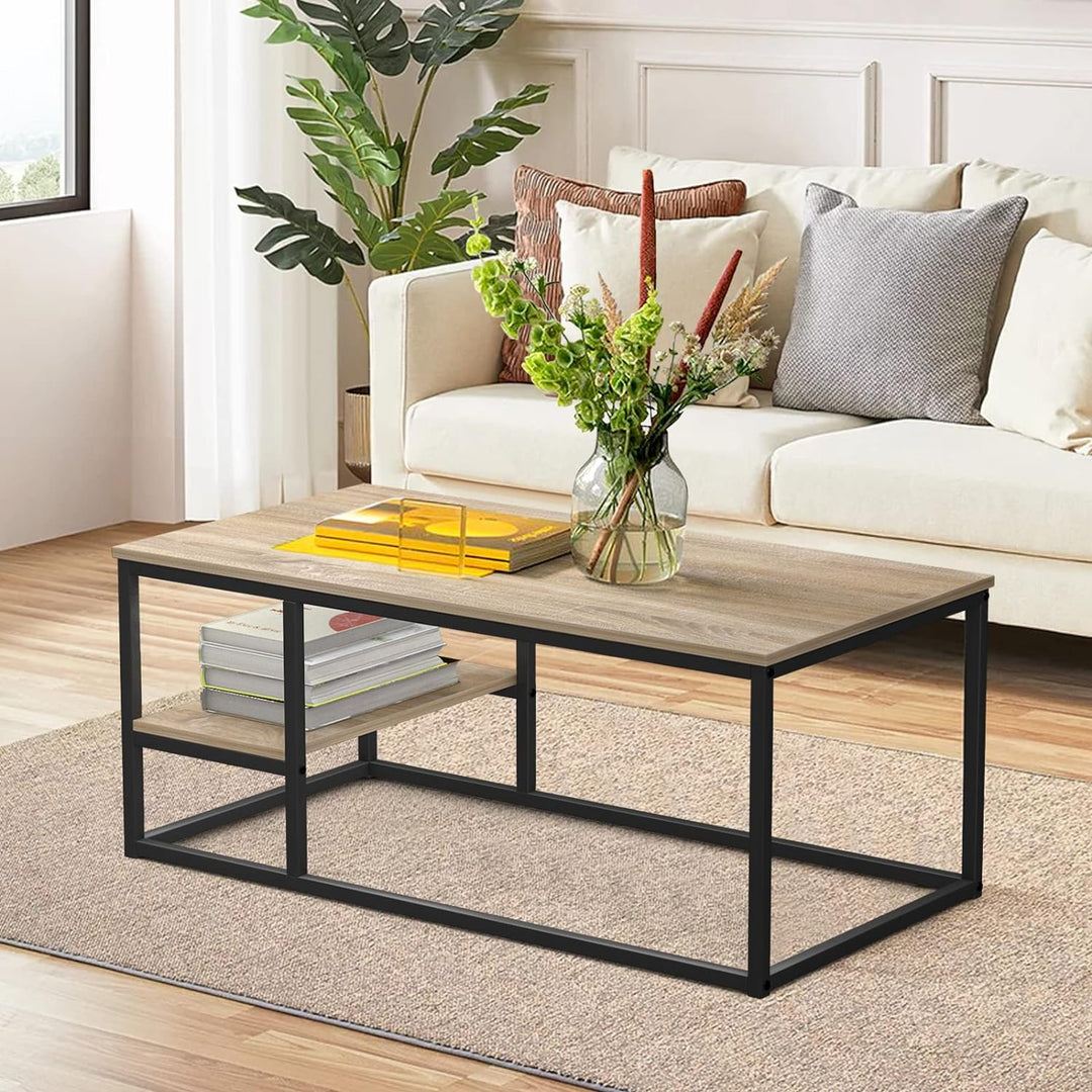 VOWNER Couchtisch, Wohnzimmertisch, Couchtisch mit Stahlgestell und Ablagen, Industrie-Design, Skand