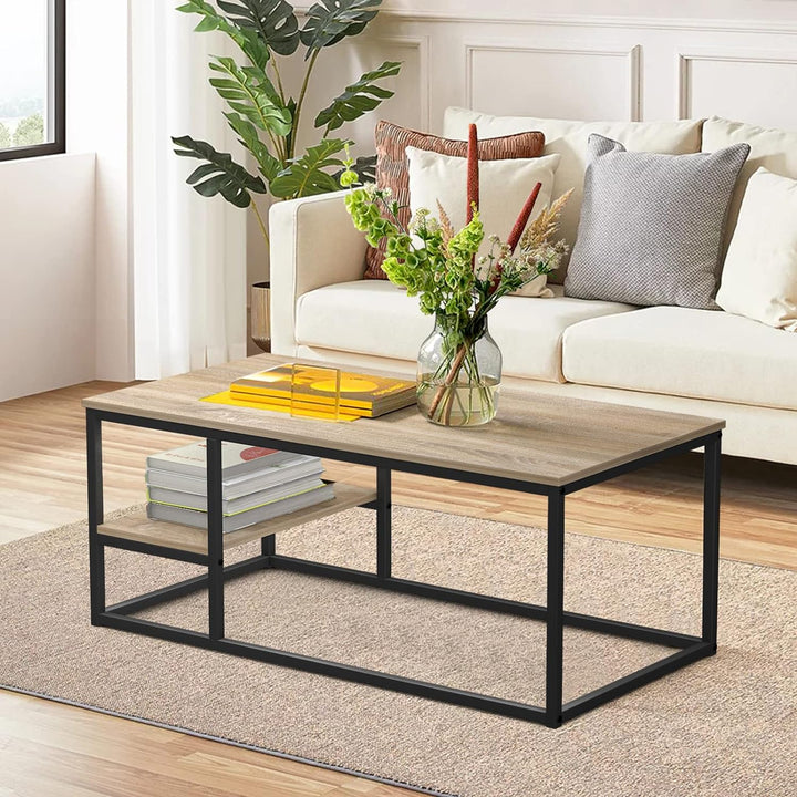 VOWNER Couchtisch, Wohnzimmertisch, Couchtisch mit Stahlgestell und Ablagen, Industrie-Design, Skand