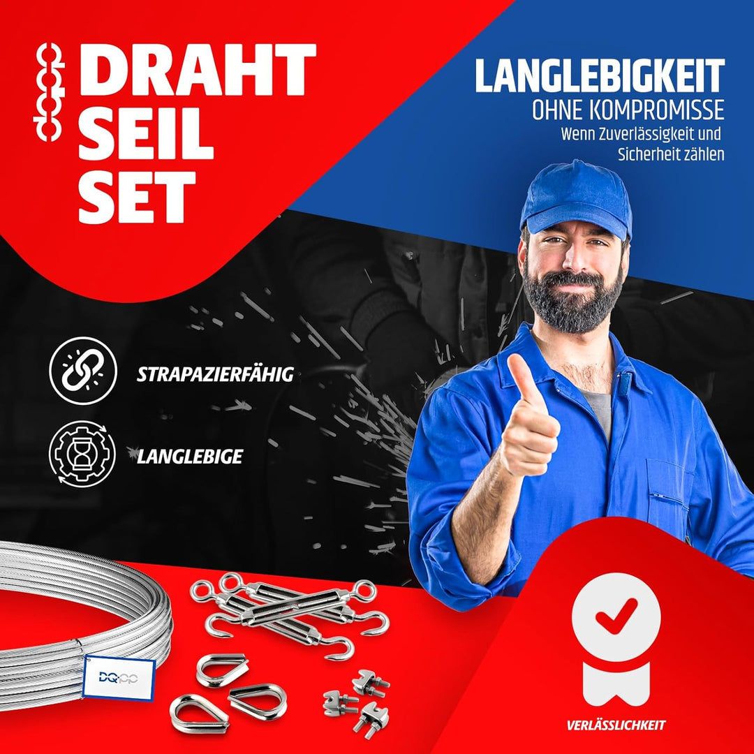 DQ-PP STAHLSEIL SET | 8mm | 10m | 2 x Seilklemmen Bügel 8mm | 2 x Kauschen 8mm | Edelstahl INOX | 7x