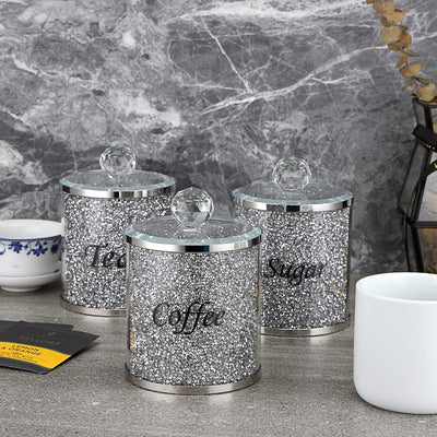 BTSKY Set von 3 Crushed Diamonds Dosen mit Deckel für Zucker Kaffee Tee - Glasbehälter für Küche Gla