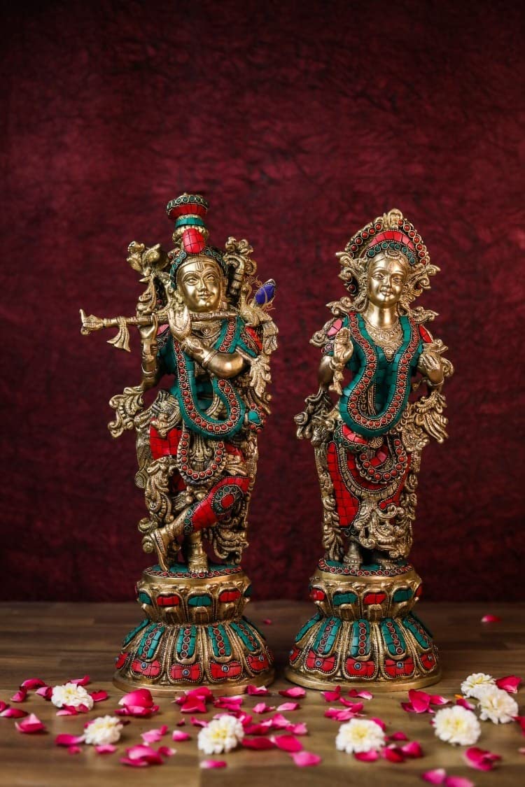 SHIVAJI ARTS Radha Krishna Statue Messing mit Steinarbeit, mehrfarbig, 45,7 cm, grosse Grösse, 1 Stü