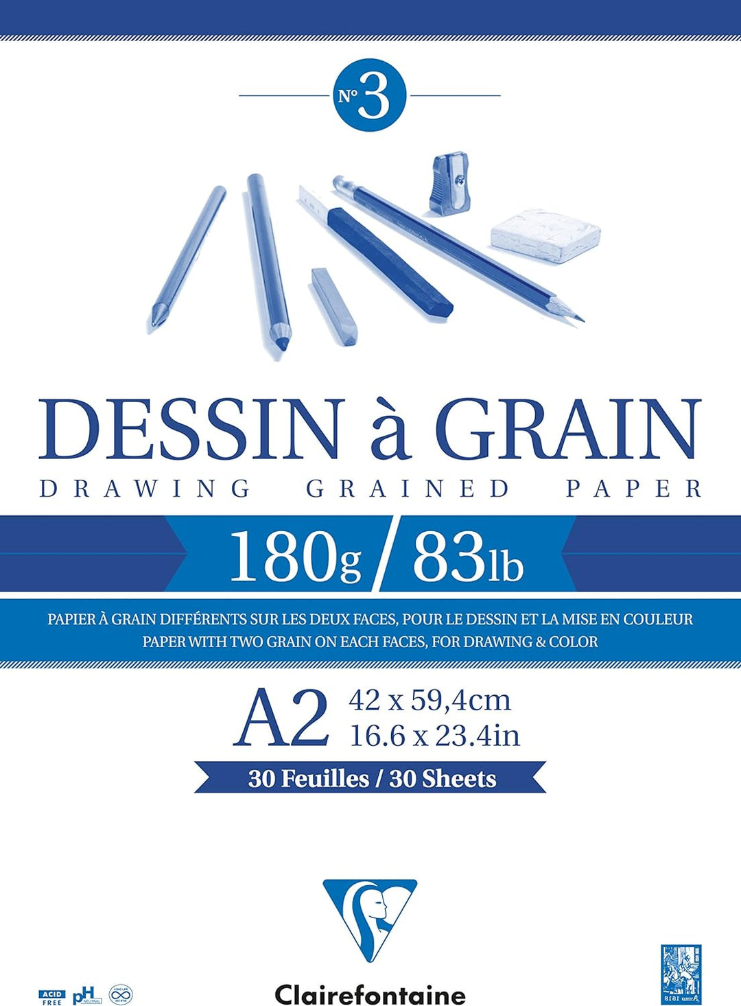 Clairefontaine 96620C Zeichenblock Kopfseitig Geleimt Dessin a Grain, Din A2, 42 x 59 cm, 30 Blatt,