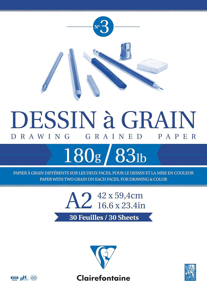 Clairefontaine 96620C Zeichenblock Kopfseitig Geleimt Dessin a Grain, Din A2, 42 x 59 cm, 30 Blatt,
