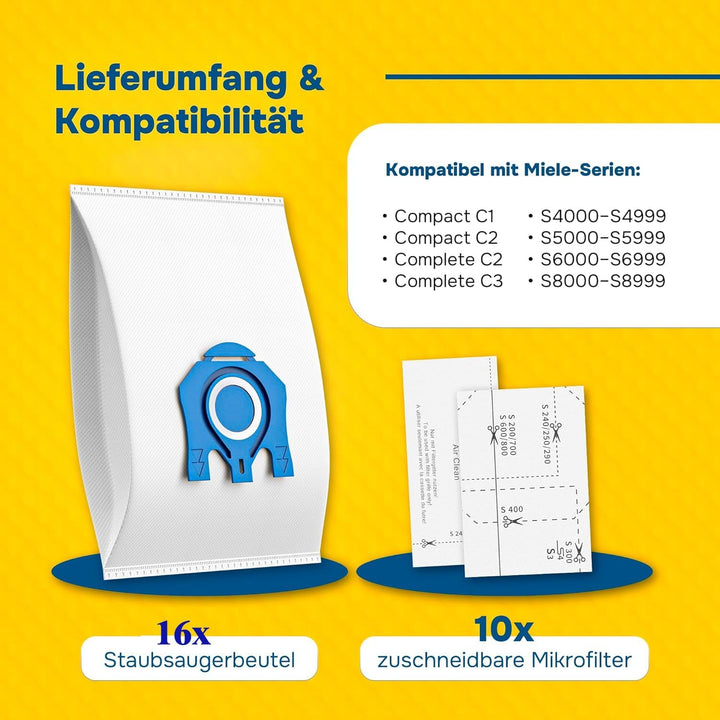 16x Staubsaugerbeutel für Miele Staubsauger kompatibel mit Miele GN Serie S8340 S2 S4 S5 S6 S8, Comp