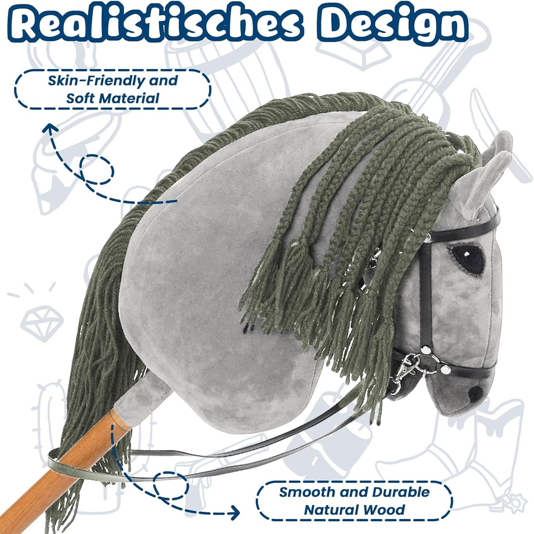 Hobby Horse für Kinder, Steckenpferd Spielzeug Pferd mit Halfter und Zügeln, Holzpferd Plüschpferd S