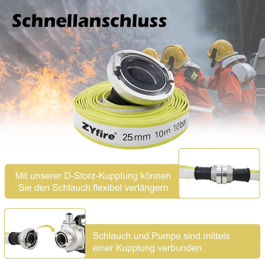 ZYfire Feuerwehrschlauch 25mm x 10m | 1 Zoll Schlauch mit D-Storz Kupplung | Flexibler Wasserschlauc