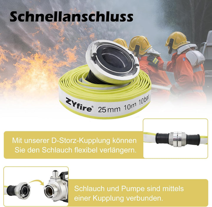ZYfire Feuerwehrschlauch 25mm x 10m | 1 Zoll Schlauch mit D-Storz Kupplung | Flexibler Wasserschlauc