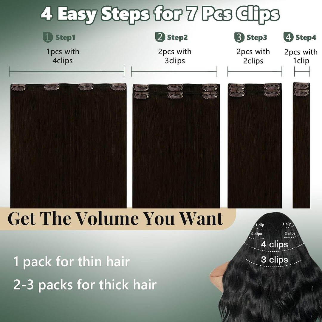 Ugeat Braun Clip in Extensions Echthaar Einzelne 55cm Haar Extensions Echthaar Clip Dunkelbraun Farb