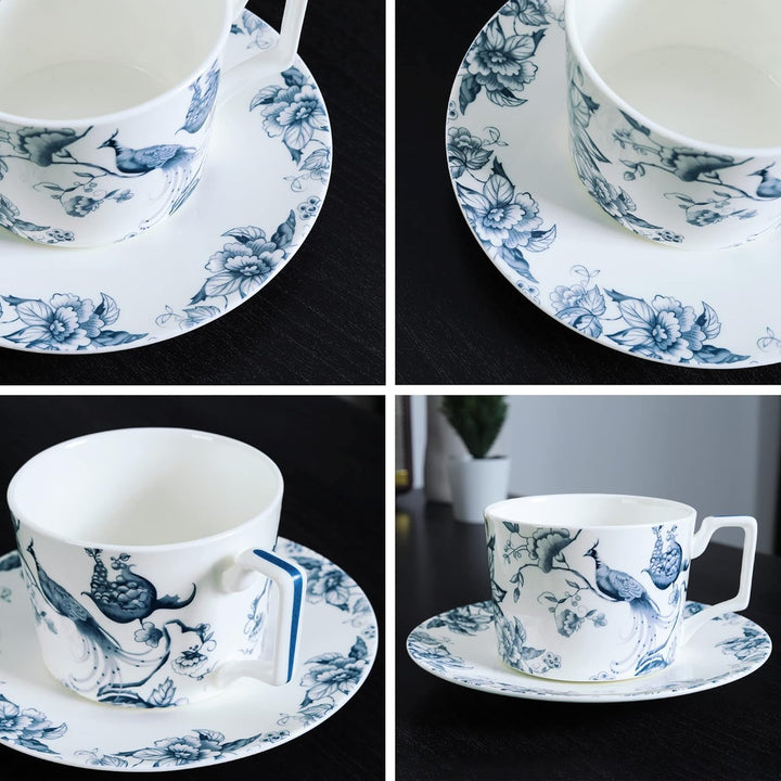 fanquare 250ml Bone China Teetasse und Untertasse Set für 1, Blaue und Weisse Kaffeetasse mit Teller