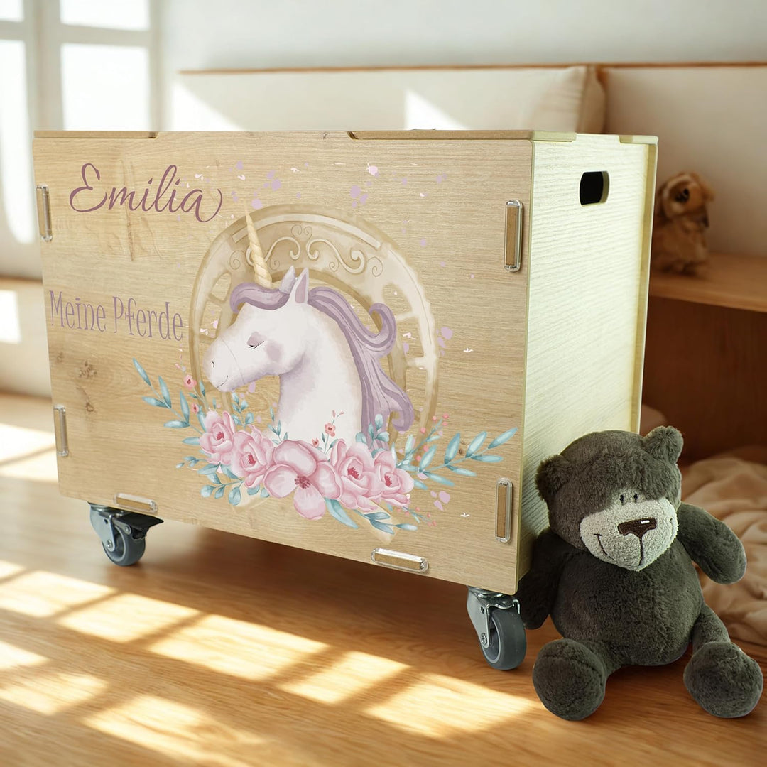 Peronalisierbare Aufbewahrungsbox mit Einhorn Kinder-Motiv (33x45,5x34,5cm + 6cm Räder-Höhe) Aufbewa
