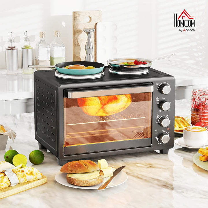HOMCOM Minibackofen 28 L 2600W 100-230℃ Pizzaofen mit 60 Min. Timer, Grillrost 2 Kochplatten, Backbl