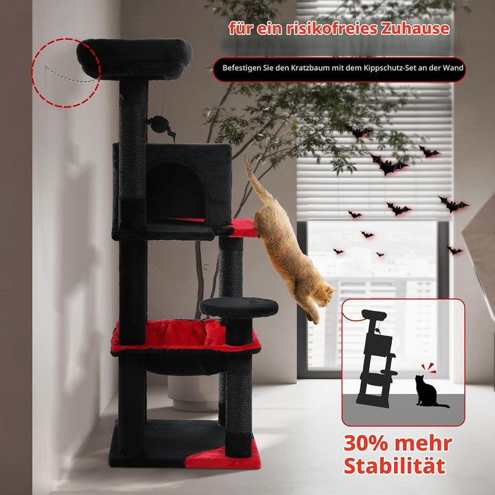 PAWZ Road Katzenbaum 116cm Gothic Halloween Edition, Schwarzer Kratzbaum mit Metall-Plüsch-Hängematt