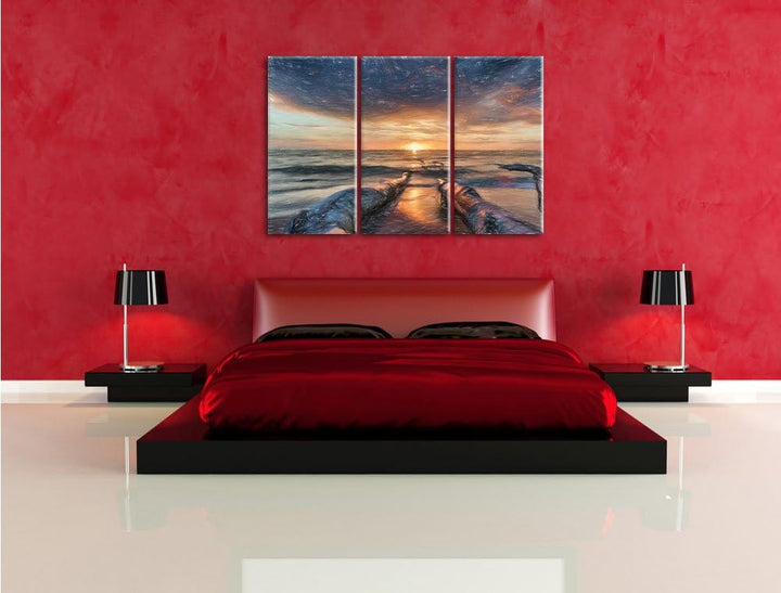 Pixxprint Strand als Leinwandbild | Grösse: 3 Teilig (120x80) | Wandbild| Kunstdruck | fertig bespan