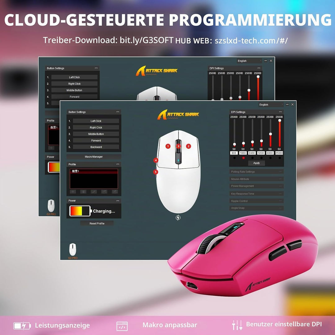 MAMBASNAKE x ATTACK SHARK G3PRO Gaming-Maus mit Magnetischer Ladestation, BT/2.4G Wireless/Kabel, Pi