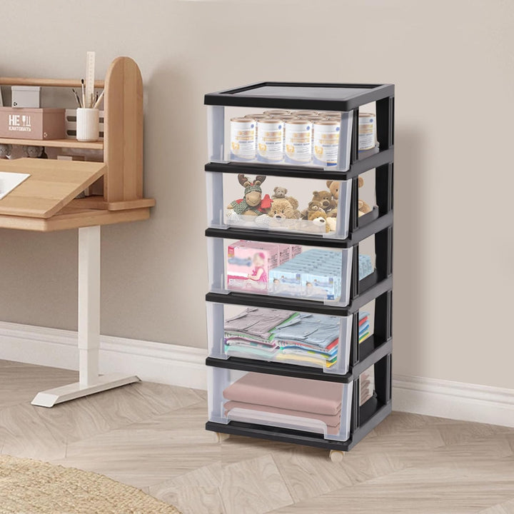 WooDerson 5-Schubladen Organizer Aus PP, Schwarz, Mit Rollen Und Rutschfestem Design, Grosser Aufbew
