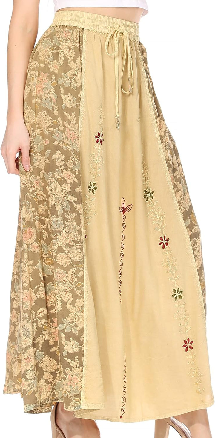 Sakkas Maran Frauen Boho Stickerei Rock mit elastischer Taille und Taschen