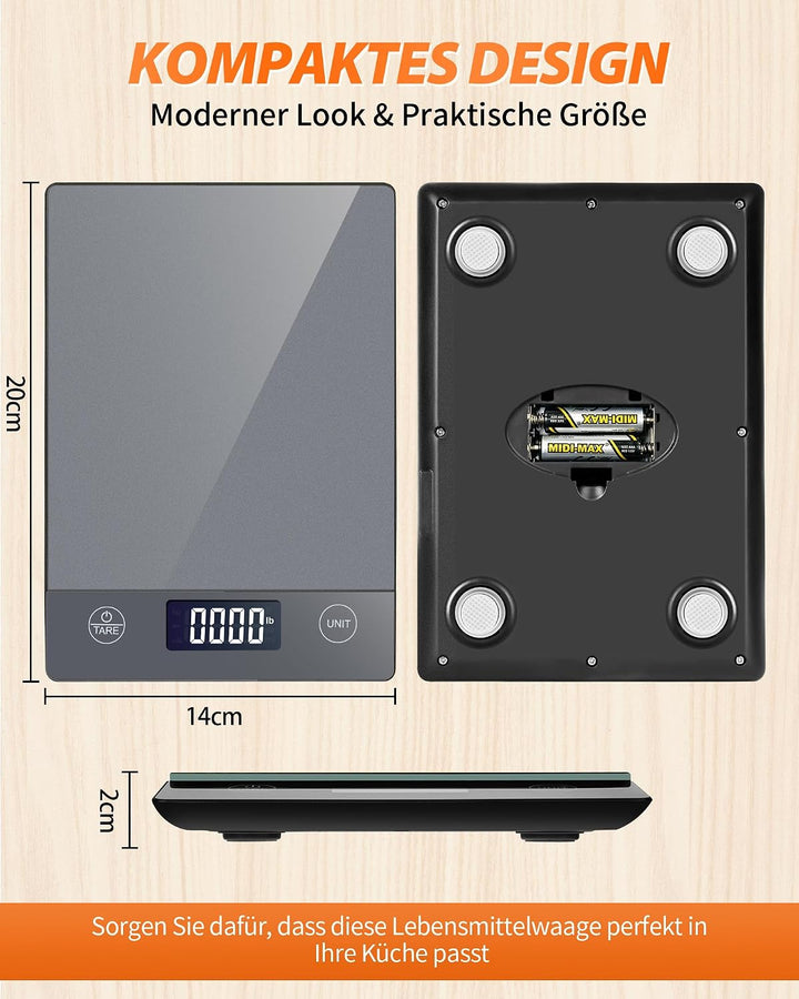 Küchenwaage Digitale mit LCD-Display und Tara-Funktion, Präzise 1g Messung zum Backen und Kochen, Gl