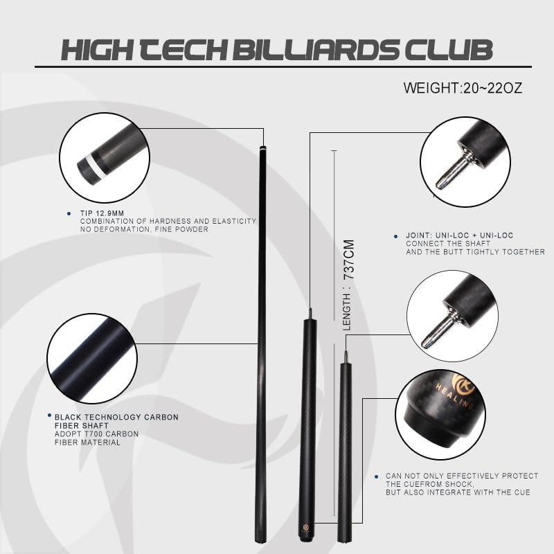 OKHEALING Carbon Fibre Billardqueue, 147cm, 12.4mm Kopf, für Amateur und Profi Billardspieler (mit H