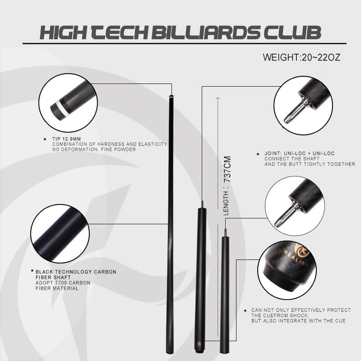 OKHEALING Carbon Fibre Billardqueue, 147cm, 12.4mm Kopf, für Amateur und Profi Billardspieler (mit H