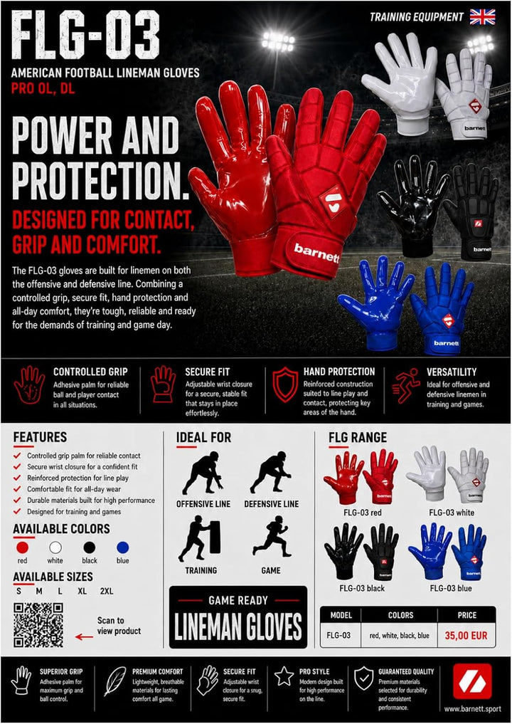 BARNETT FLG-03 Blau American Football Handschuhe Linemen Profi, OL,DL M Blau, M Blau