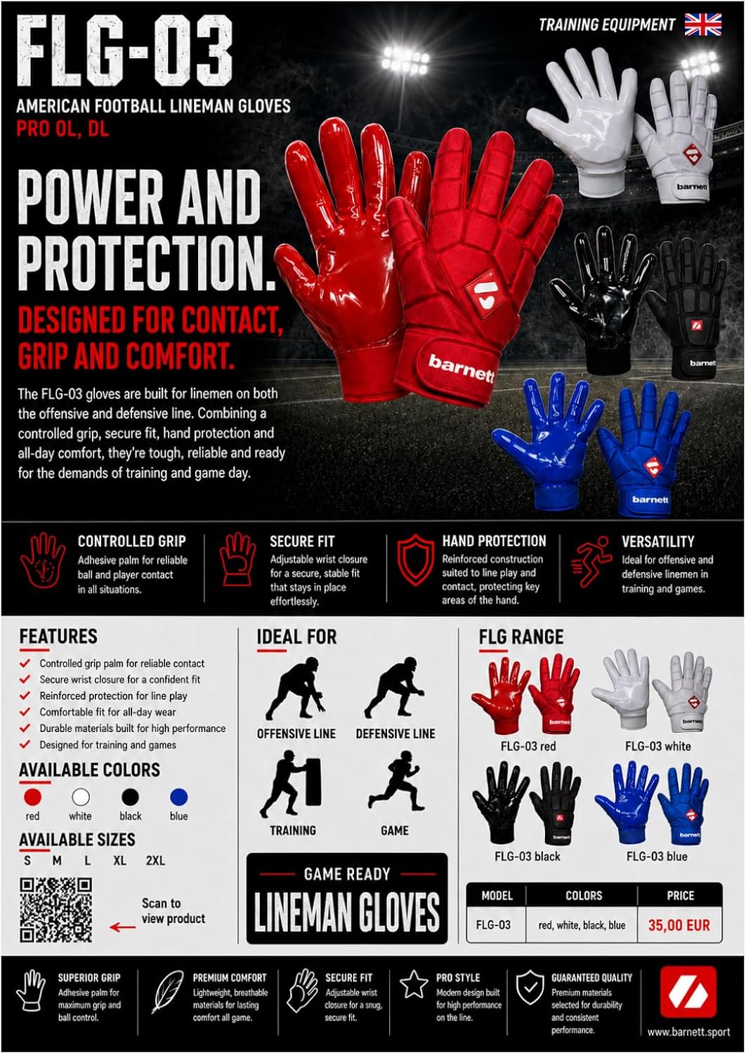 BARNETT FLG-03 American Football Handschuhe Linemen Profi, OL,DL, schwarz, S