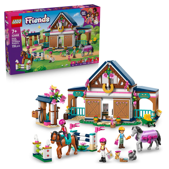 LEGO Friends Pferdestall und Reitschule - Lern-Spielset mit 3 Mini Puppen, 2 Pferdefiguren, einem Hu