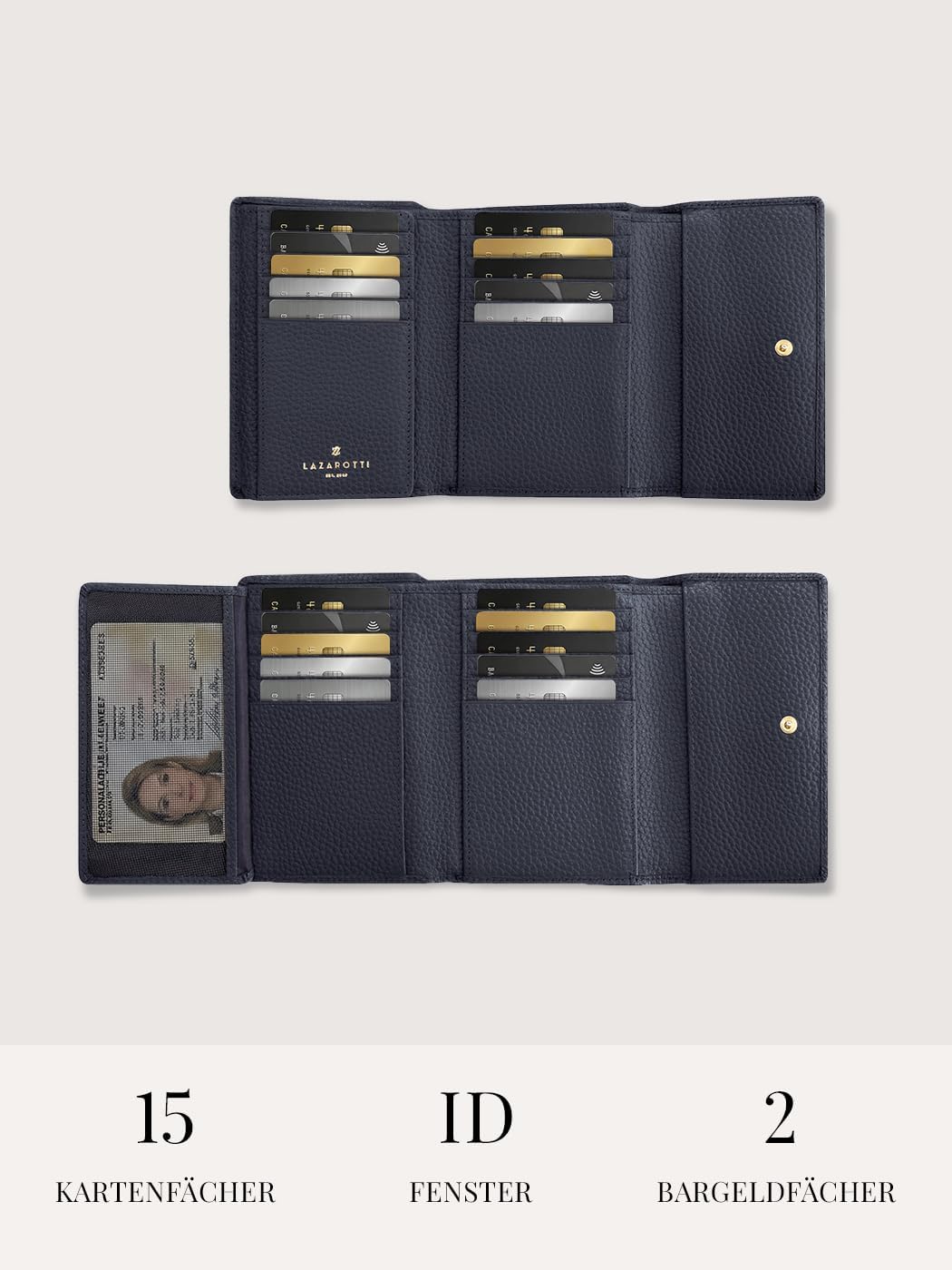 Lazarotti Bologna XL Leder Damen-Geldbörse | grosses Reissverschlussfach, 15 Kartenfächer, RFID-Schu