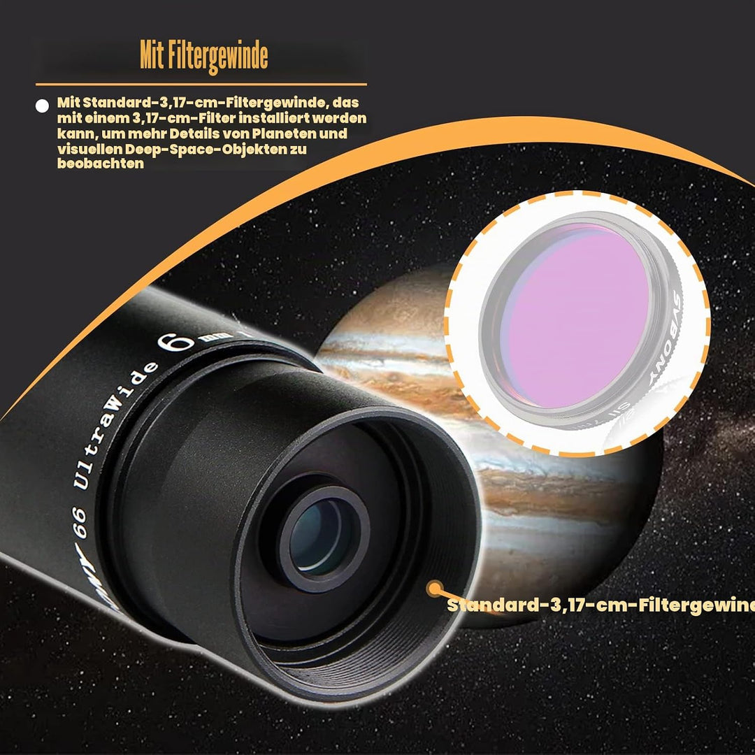 Svbony Teleskop Okular, 1,25” 6mm Okular 66° Ultra Weitwinkel Angenehmes Sichtfeld Linse, Planeten S