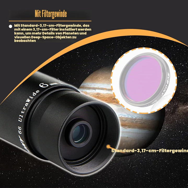 Svbony Teleskop Okular, 1,25” 6mm Okular 66° Ultra Weitwinkel Angenehmes Sichtfeld Linse, Planeten S
