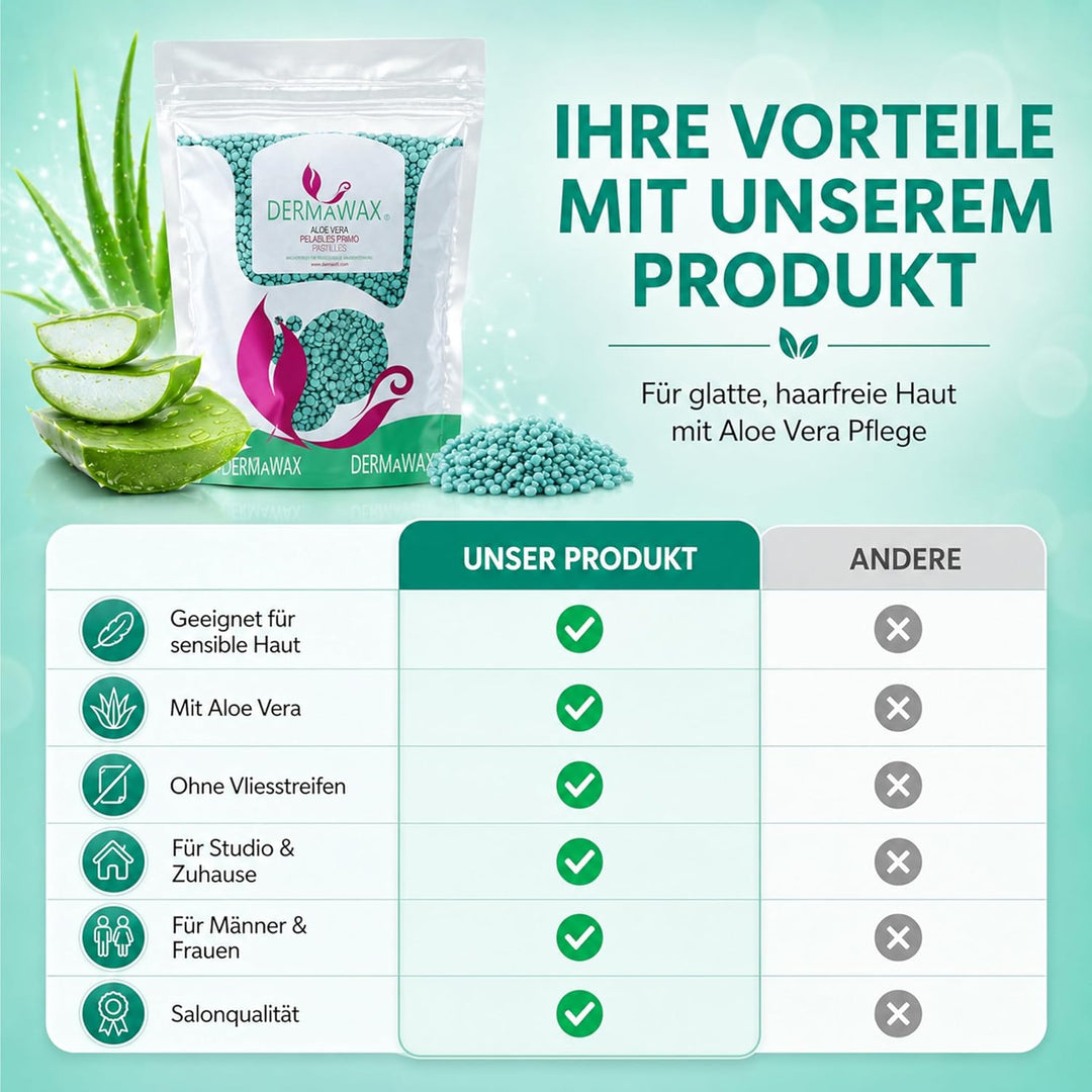 Dermawax 1 kg Aloe Vera Wachs Heisswachs Waxing Perlen Wachsperlen Anwendung ohne Wachsstreifen zur