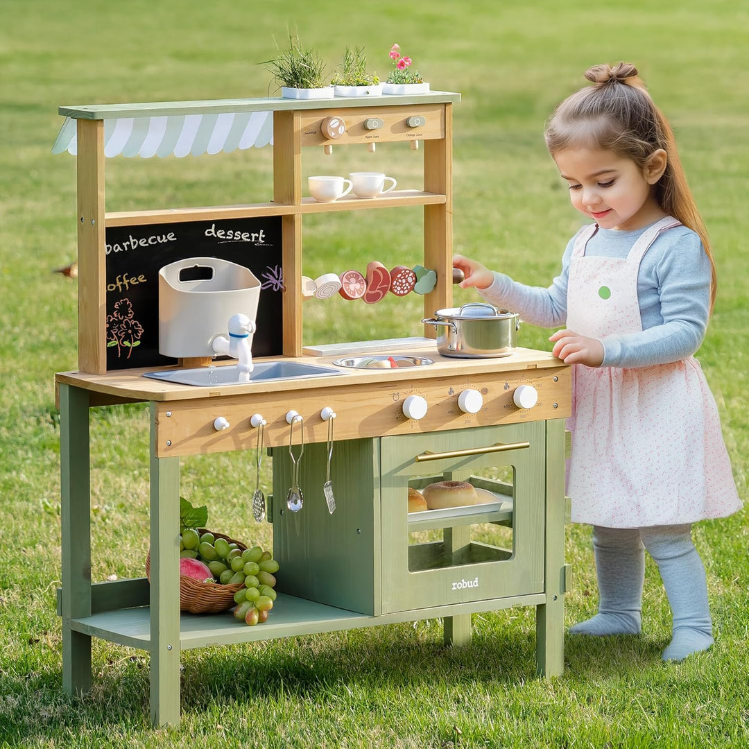 ROBUD Hölzerne Matschküche für Kinder, 17 PCS Pretend Play Kitchen Set mit Wasserspüle, Tafel & Küch
