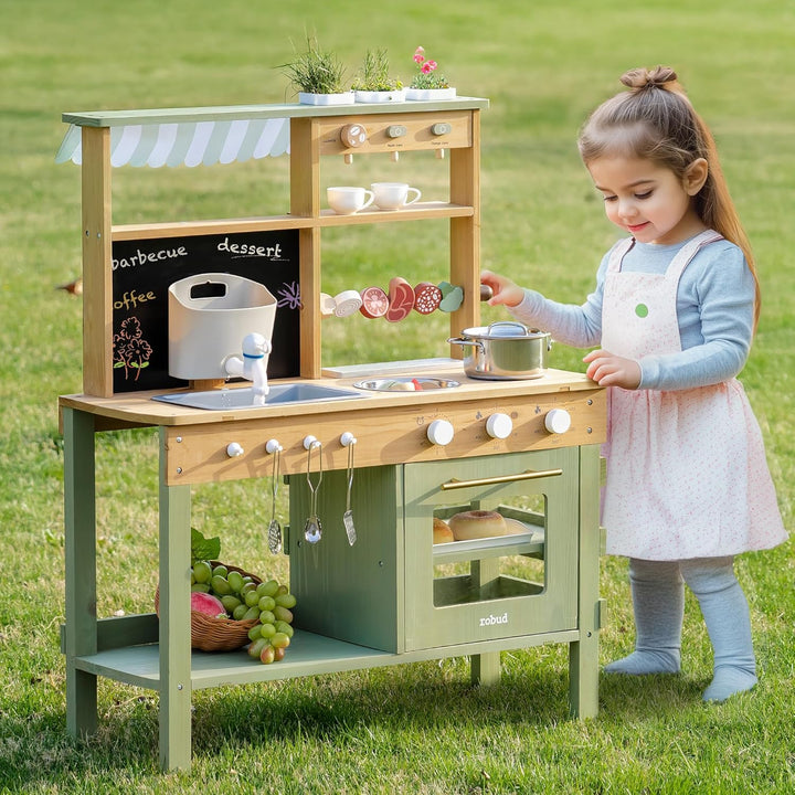 ROBUD Hölzerne Matschküche für Kinder, 17 PCS Pretend Play Kitchen Set mit Wasserspüle, Tafel & Küch