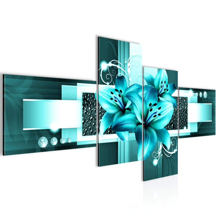 Runa Art Bild Modern Blumen Lilien - Made in Germany - Wandbilder Abstrakt Türkis 4 Teilig 008642a
