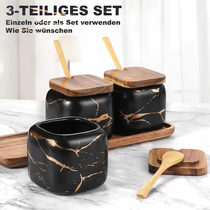 TELANKS Gewürzgläser Set, 3 Stk Keramik Zuckerdose mit Deckel und Löffel für Haus und Küche, Alterna
