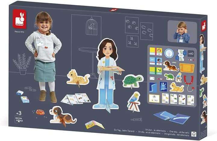 Janod - Ein Tag... beim Tierarzt – Rollenspiel für Berufe – incl. 40 Zubehörteile – Grosse Figuren (