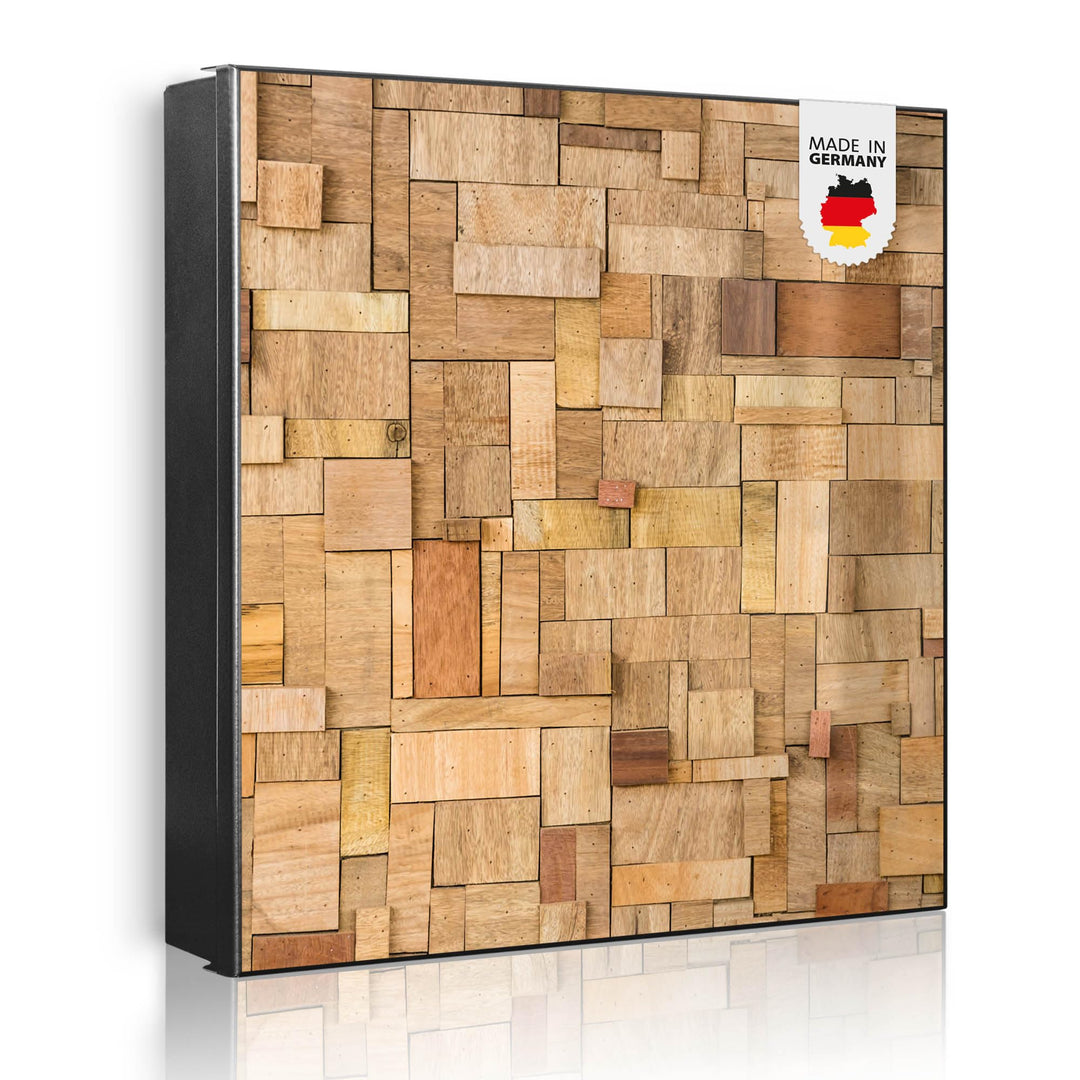 banjado® Grosser Schlüsselkasten Glas/Schlüsselbox 30cm x 30cm mit 50 Haken - Motiv Hölzernes Flickw